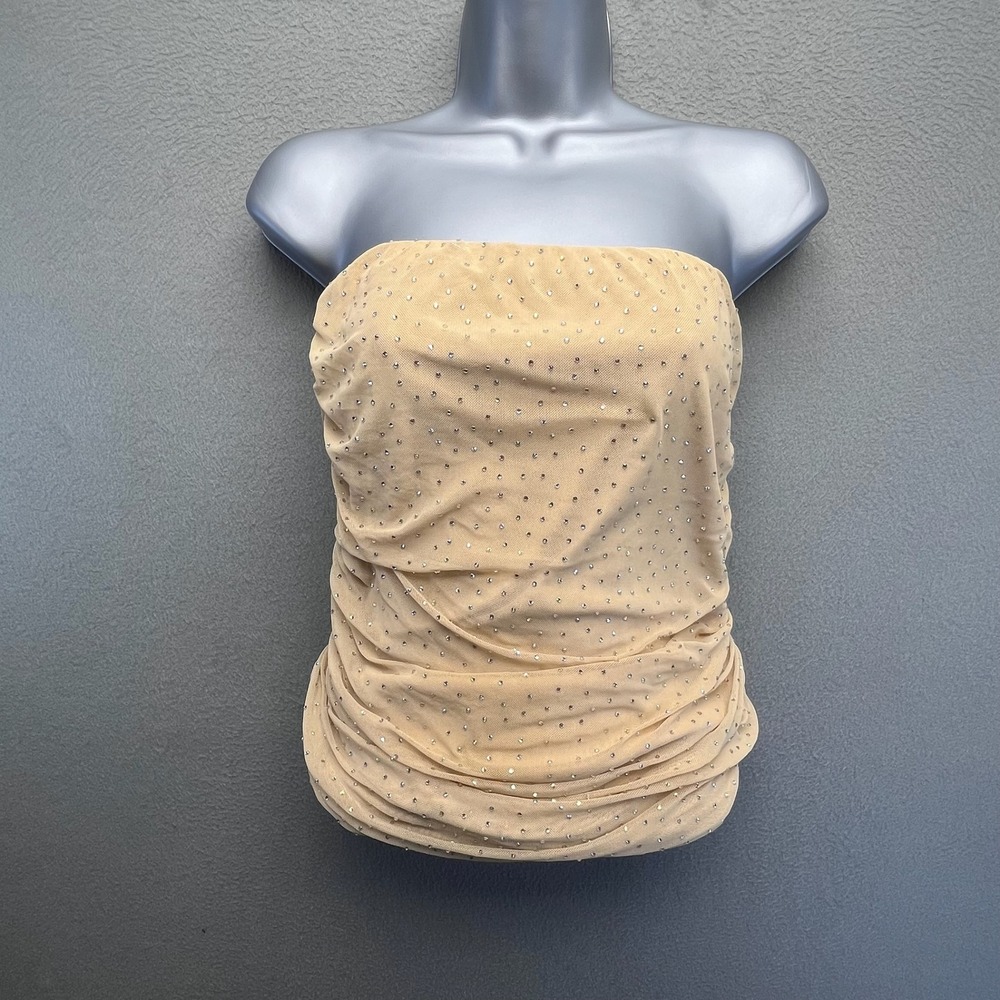 Bar III Women Tube Top Tan Rhinestone Mesh Ruched Small Glam Y2K Strapless